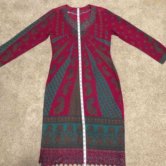 Kurti Magenta Blue Print Long Sleeve Side Slits Sheer Lightweight Tunic Dress - Picture 11 of 13